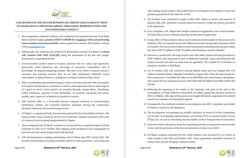 GT Bank Appeals KES 33 Million CAK Penalty Over Alleged Misconduct