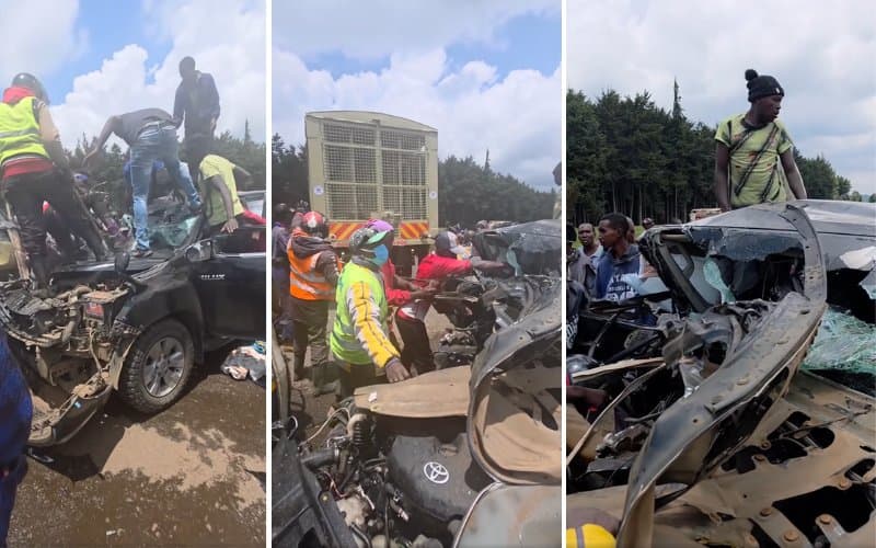 Rescuers Use Axes to Free Victims After Hilux and Lorry Collide Head-On at Kijabe Junction